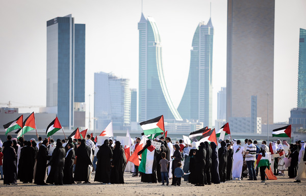 People stage a protest against Israeli raids on Al-Aqsa Mosque in Muharraq, Bahrain on April 08, 2023.