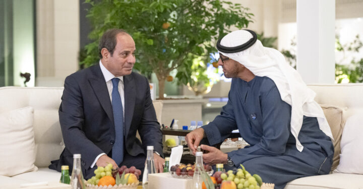 ABU DHABI, UAE - SEPTEMBER 18: President of the United Arab Emirates, Sheikh Mohamed bin Zayed Al Nahyan meets with Egyptian President Abdel Fattah Al-Sisi at the Qasr Al Shati' Palace in Abu Dhabi, UAE on September 18, 2023.