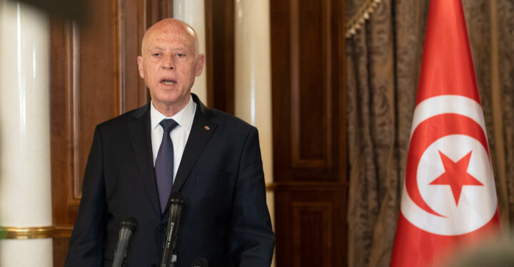 The President of Tunisia, Kais Saied at the press conference, Libya 17 March 2021