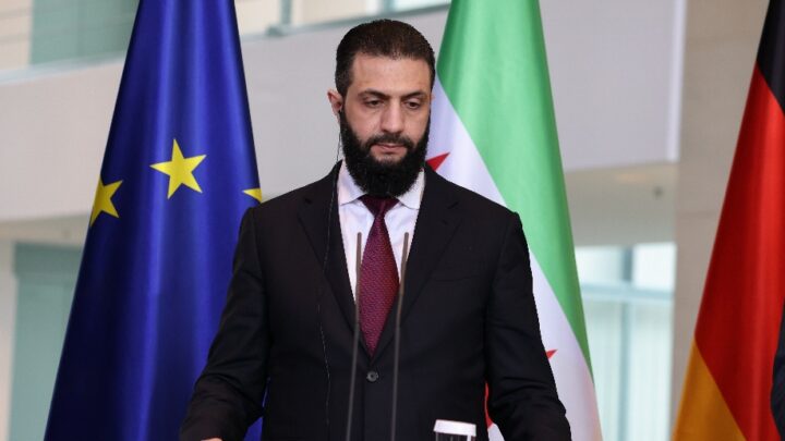Syrian President, Ahmed al Sharaa, at a press conference by German Chancellor Friedrich Merz – March 2026.